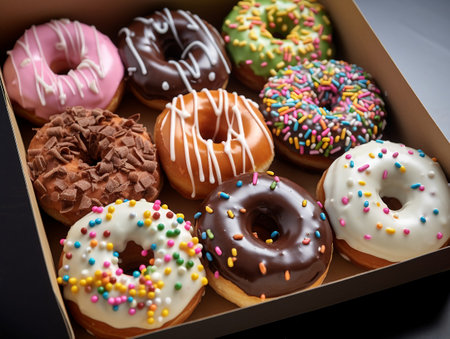 Box of assorted donuts on a black background. Selective focus.の素材