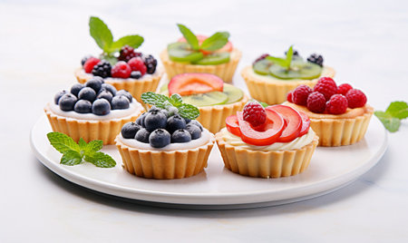 tartlets with fresh berries and mint on a white marble backgroundの素材