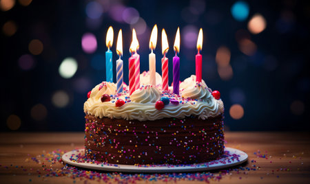 Birthday cake with burning candles on a wooden table and bokeh backgroundの素材