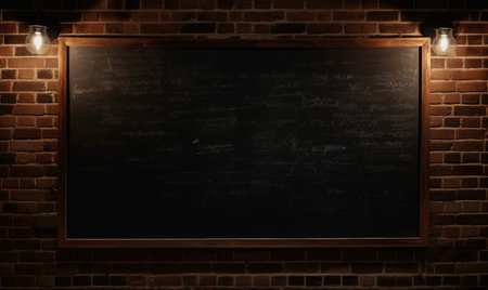 Empty chalkboard on brick wall background. Mock up, 3D Renderingの素材