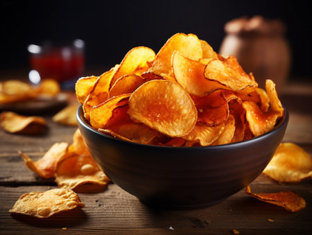 Potato chips in a bowl on a wooden background. Selective focus.の素材