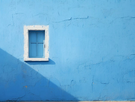 Blue wall with white window and blue wall with shadow on it.の素材