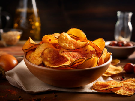 Potato chips in a bowl on a wooden background. Selective focus.の素材