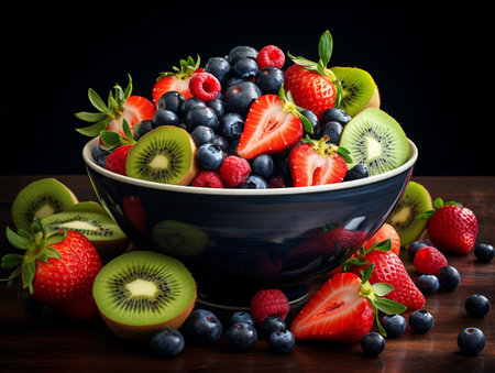 bowl of fresh fruit salad with strawberries, blueberries and kiwiの素材