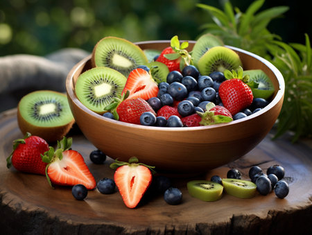 Fresh fruit salad in wooden bowl with kiwi, strawberries and blueberriesの素材