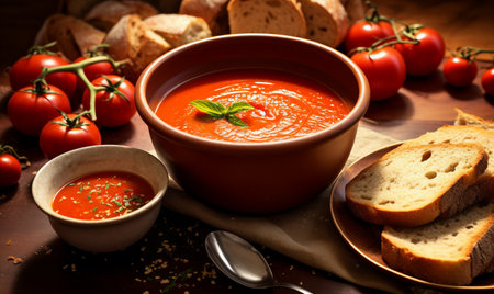 Tomato soup in a bowl on wooden table with tomatoes and breadの素材