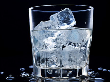 Ice cubes in a glass of water on a black background with splashesの素材