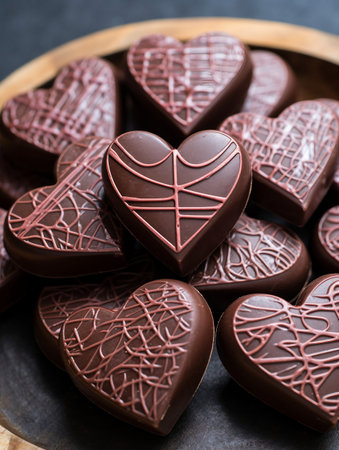 Heart-shaped chocolate candies on a wooden plate, closeupの素材