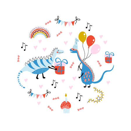 Cute vector print with dinosaurs, gifts, balloons, cupcake, rainbow on white background. Colorful illustration in simple cartoon hand-drawn style for kids birthday party. Scrapbook elements.のイラスト素材