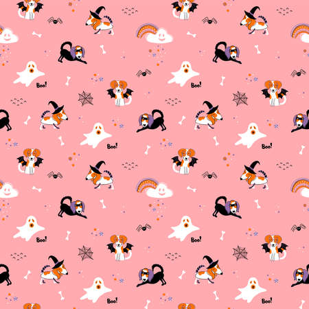 Vector Halloween seamless pattern with cute characters. Childish hand drawn background with dogs in carnival costumes. Cute holiday repeated texture. Print for clothing, wrapping paper,bag, poster.のイラスト素材