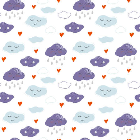 Seamless pattern with clouds, rain drops and hearts. Hand drawn vector illustration for kids textile, wallpaper, wrapping paper, pajamas.のイラスト素材