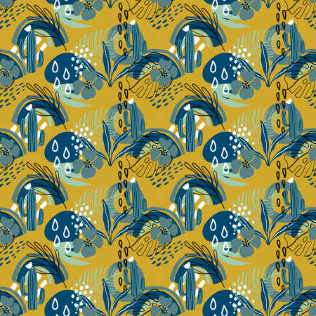Seamless tropical pattern with exotic plants, cactus, rainbow and modern textures on yellow...