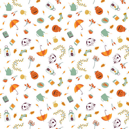 Vector seamless pattern with different autumn elements: falling leaves, cat, candle, socks, umbrella, pumpkin and other. Hello Autumn. Hand drawn flat illustration. Cute and cozy fall background.のイラスト素材