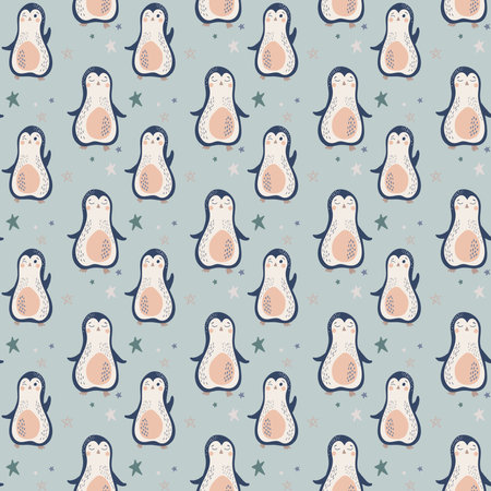 Cute baby vector seamless pattern with penguins and stars on blue background. Cartoon characters in simple hand drawn style. Good for decorating nursery, baby clothes, baby shower decor, textile.のイラスト素材
