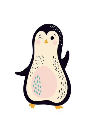 Cute vector illustration with penguin isolated on white background. Cartoon character in simple hand drawn style for nursery decor, baby clothes, baby shower decor, textile, wallpaper.のイラスト素材