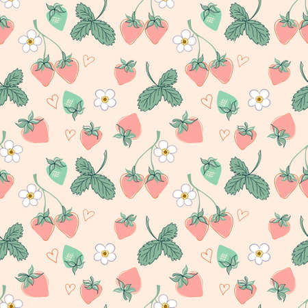 Sweet strawberry seamless pattern in simple hand drawn style. Pink berries, green leaves, white flowers on light background. Digital vector illustration for textiles, wrapping, summer sales banner.のイラスト素材