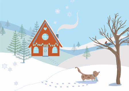Beautiful winter landscape with dog and bird, snow covered wooden country house, snowy fields, winter forest. Christmas season. Winter holidays greeting card. Flat cartoon style vector illustration.のイラスト素材