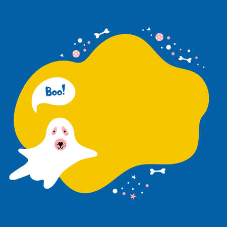 Halloween. Vector template with cute character for your text or photo. Illustration of ghost with blot frame in simple cartoon style.  Ideal for cards, invitations, party, preschool, baby nursery.のイラスト素材