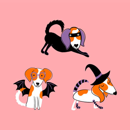 Cute vector characters. Halloween party. Puppies wearing masquerade costumes. Vector illustration for invitation, fabric, kids clothesのイラスト素材