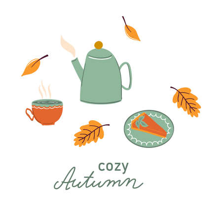 Vector illustration of slice of pumpkin pie on a plate, cup and teapot. Cozy Autumn lettering. Colorful hand drawn illustration isolated on white.のイラスト素材