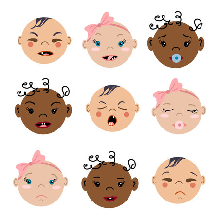 Set of cartoon baby faces with different emotions. Vector illustrations of kid portraits isolated on white background. Diversity multi-ethnic people.のイラスト素材