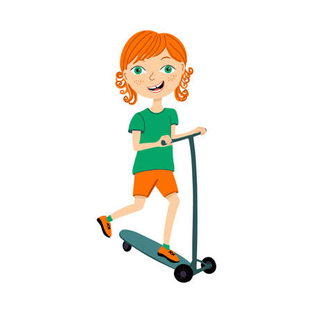 Vector illustration of happy smiling boy riding kid scooter. Summer children sport activity.  Cartoon style portrait isolated on white background.のイラスト素材