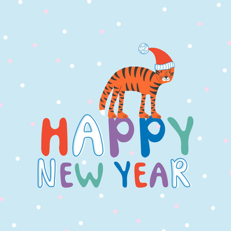 Vector illustration with tiger and New Year lettering. Colorful greeting card. Happy holidays banner.のイラスト素材