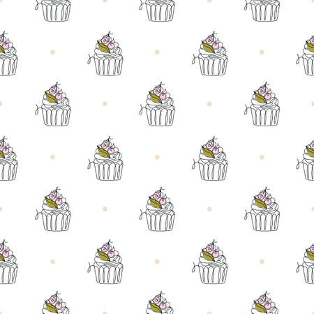 Seamless pattern with line art style cupcake. Vector texture in gentle colors. Cute minimalistic illustration for menu, paper, fabric, textile, wrapping, scrapbooking.のイラスト素材