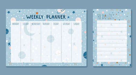 Cute set with Weekly planner and To do list for children. Cosmic theme vector illustrations. Hand drawn schedules for school and preschool education.のイラスト素材