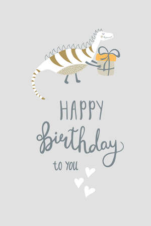 Happy birthday card. Cute vector illustration with dinosaur, gift and lettering. Fun retro idea for congratulations.のイラスト素材