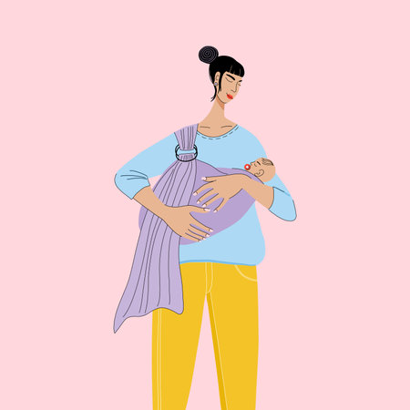 Vector illustration of young woman and baby in sling. Colorful portrait in hand drawn style. Concept of pregnancy and motherhood.のイラスト素材