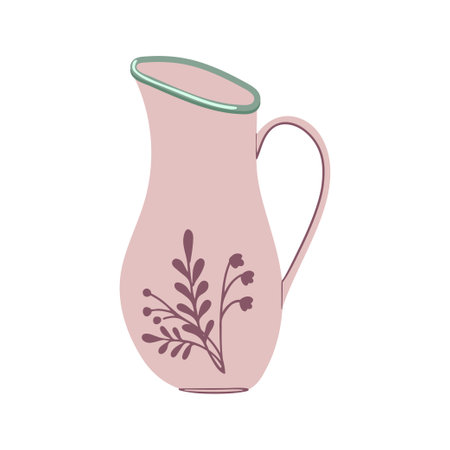 Ceramic jug with herbal ornament.  Capacity for drink. Handmade pitcher. Vector illustration isolated on white background.のイラスト素材