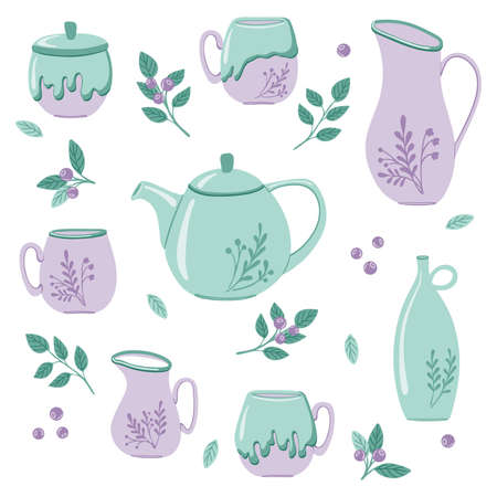 Ceramic kitchenware. Porcelain tea service. Traditional tableware vector isolated icons set. Hand drawn colorful trendy vector illustrations.のイラスト素材