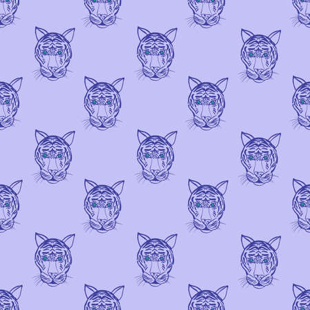 Seamless pattern with tiger muzzles on violet background. Fashionable fabric design. Vector illustration for fabric, paper, textile, scrapbooking.のイラスト素材