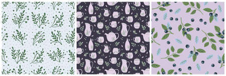 Set of retro seamless patterns. Cute prints with ceramic tableware, berries and plants. Flat style...