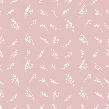 Vector seamless pattern with herbs and flowers silhouettes. Soft botanical retro background in white and pink colors. Hand drawn vector illustration for paper, fabric, design.のイラスト素材