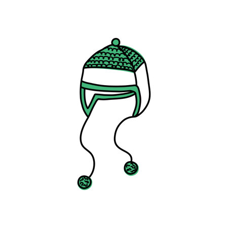 Cute knitted ushanka hat with pompoms. Doodle style vector illustration of winter headdress.のイラスト素材