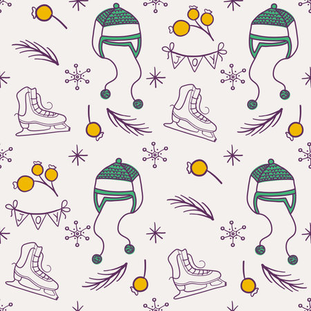 Seamless doodle style Christmas pattern. Cute background with Christmas or New Year elements. Vintage vector illustration for wrapping paper, fabric, textile.のイラスト素材