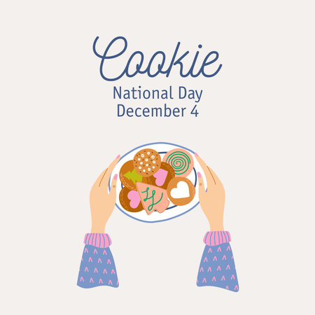 Female hands are holding a plate with biscuits cookies. Traditional winter pastry. National Cookie Day, December 4. Hand drawn vector illustration.のイラスト素材