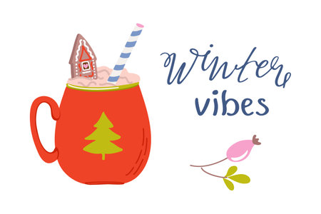 Traditional hot winter drink. Cute composition with cup of chocolate, phrase and plant decor. Winter vibes lettering. Hand drawn vector illustration.のイラスト素材