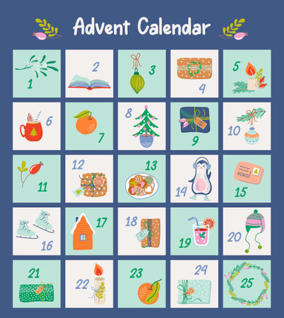 Christmas Advent calendar with cute hand drawn elements. Xmas Poster with holiday symbols. 25 countdown cards. Vector illustration.のイラスト素材