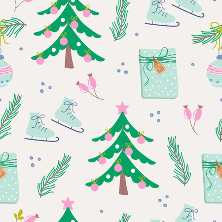 Christmas seamless pattern with Christmas tree, gift and decorations. Beautiful festive background. Vector illustration for winter holidays decor and presents.のイラスト素材