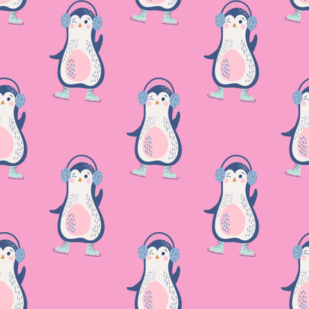 Vector seamless pattern with penguins wearing skates and headphones. Bright childish background with cute characters. Digital paper.のイラスト素材