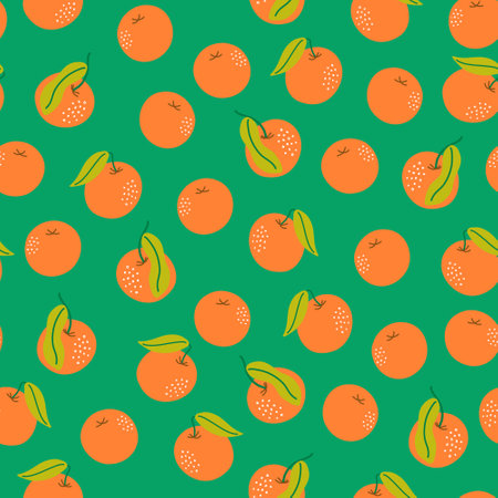 Vector seamless pattern with tangerines. Exotic citrus fruits. Abstract background with New Year symbols. Digital paper. Orange-green palette.のイラスト素材