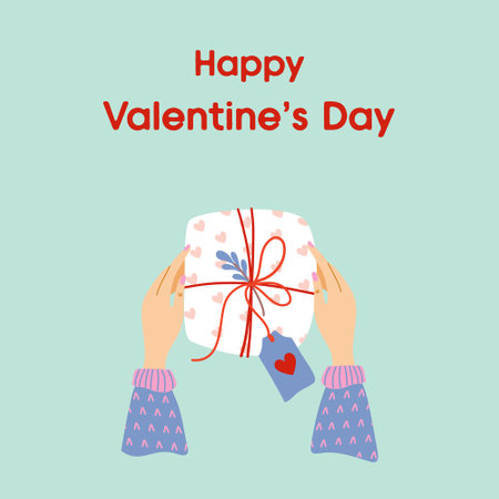 Happy Valentine's Day card. Female's hands holding gift box. Cute February 14 composition for greeting card, poster, holiday congratulations. Top view. Hand drawn flat style vectorのイラスト素材