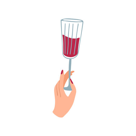 Female hand holds glass of red wine. Alcoholic drink in wineglass. Flat style hand drawn vector illustration isolated on white. Lifestyle clip art.のイラスト素材
