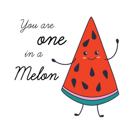 Kawaii piece of watermelon in doodle style. You are one in a Melon lettering. Vector illustration.のイラスト素材