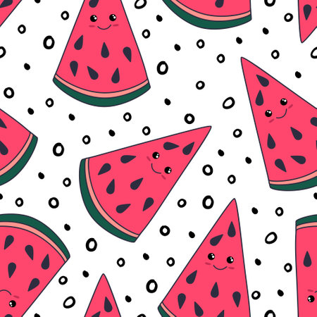 Abstract watermelon vector seamless  pattern. Random fruit slices and small black spots on white...