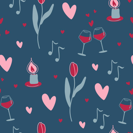 Valentine's day pattern. Endless ornament with love symbols on dark blue background. Romantic print. Vector illustration.のイラスト素材