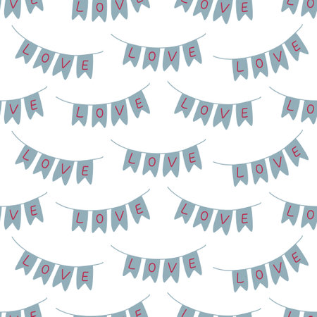 Valentine's day pattern. Endless ornament with flag garland on white background. Romantic print. Vector illustration in retro colors.のイラスト素材